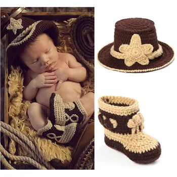 ถักโครเชท์ลูกหมวกคาวบอยและรองเท้าบูทกตั้งในบราวน์ Newborn เด็กรูปบพวกอุปกรณ์ประกอบ Handmade Knitted ลูกหมวกและเก็บเอ H034