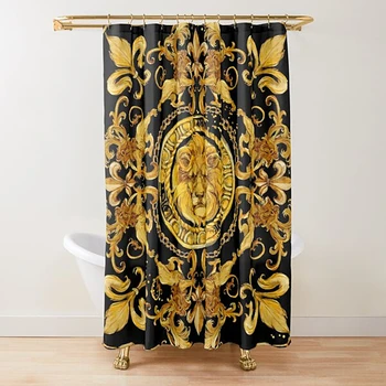 ทองคำ Baroque ความสามารถที่เหมาะสมต่างหาม่านอาบน้ำบนตัว,ราชสีห์สีทองและ Damask Ornament วามหรูหราออกแบบทองลูกไม้ห้องน้ำอาบน้ำม่านเปิด
