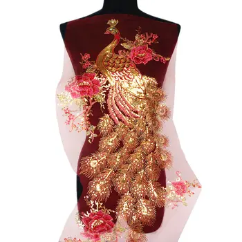 ทองมีซากนกยูงลำดั Peahen ดอกไม้สีแดงโครงร่างปักงานแต่งงานชุด Appliques ลูกไม้ Trims เย็บปะสำหรับชุดตกแต่งหน้าต่าง DIY