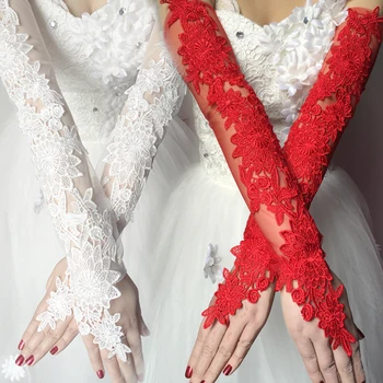 นานสีงาช้าลูกไม้สีแดงถุงมือสำหรับชุดเจ้าสาวดอกไม้กับไข่มุกผู้หญิงแต่งงานของถุงมือ gants mariage