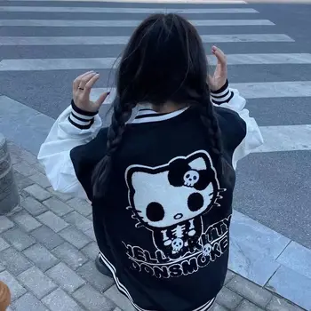 น่ารักการ์ตูนปักเบสบอลแจ็คเก็ตผู้หญิงฤดูใบไม้ผลิฤดูใบไม้ร่ 2022 Harajuku แมวตัวกระโหลกการพิมพ์ร่ว Oversize องมือระเบิดโรงเรียนได้ไงเนี่ Streetwear อย่าง