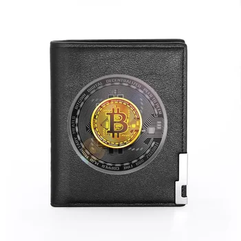 ผู้ชายกระเป๋าคุมข้อมูลเครื่องหนัง Bitcoin สัญลักษณ์การพิมพ์ Billfold เพียงน้อยบัตรเครดิต/หมายเลขเจ้าแทรกระเป๋าเงินผู้ชายกระเป๋าของสั้น Purses