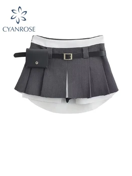 ผู้หญิง Pleated Skirts เกรย์วินเทจหญิง Streetwear เกาหลีสูงเอวแฟชั่น Y2k E-ผู้หญิงเป็นเส้นสีดำมินิงเกงสั้นกระโปรงหน้าร้อน