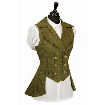 ผู้หญิงคนเสื้อเกราะทหารสีเขียว Plaid Herringbone Tweed ธุรกิจ Waistcoat Tailored กเว้นสร้อยคอวินเทจมีความพ์ Waistcoat สำหรับงานแต่งงานเสื้อกั๊ก 2022