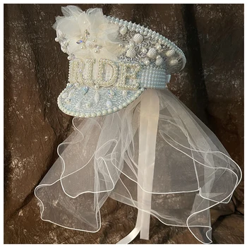 ผู้หญิงเจ้าสาวผู้หมวกหมวกทหารหรูหราจ่าหมวก Rhinestone งานแต่งงานเทศกาลวันเกิดส่วนหนึ่งหมวกกับชุดแต่งงาน