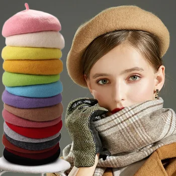 ผู้หญิงเป็นขนหน่ะหมวกบาเรท์ฝรั่งเศสรูปแบบศิลปินอบอุ่นฤดูหนาว Beanie นเรโทรหมวกธรรมดา Beret แข็งของสีแบบเรียบร้อยสวยงามผู้หญิงทุนตรงกันกับฤดูใบไม้ร่วงฝาด้านบน/ด้านล่าง