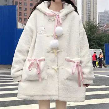ฤดูหนาว Kawaii เป็นขนเสื้อผู้หญิงปล่อยภาษาญี่ปุ่นหวาน Lolita Outwear แจ็คเก็ตหญิงเกาหลีรูปแบบกระเป๋าอบอุ่น Hoodies Overcoat 2023