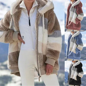 ฤดูหนาวของผู้หญิงเสื้อ newh Patchwork ชุ่มกระเป๋าใส่ฮู้ดหรอแจ็คเก็ตขนสัตว์หญิงเสื้อโค้ทใหม่ขนาดหนายิงไม่เข้าหรอกอบอุ่นผู้หญิงด้านบนหน้าหนาว Outerwear