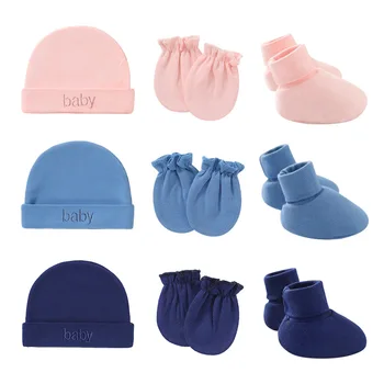 ลูก Infants ต่อต้านการเกา Knitted ค็อตตอนถุงมือ+หมวก+เท้าหน้าปกตั้ง Newborn หน้าอยข่วนการป้องกันมิทเท็นถุงอุ่นหมวกคิท