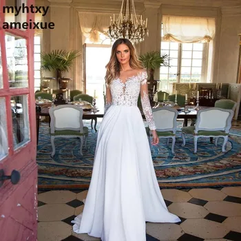 ลูกไม้นานเสื้อชุดแต่งงาน 2023 ชายหาดชุดเจ้าสาว Chiffon ลูกไม้ Appliques สีขาว/lvory ปุ่มไก่งวงอีกอย่างขนาดของชุดเจ้าสาว