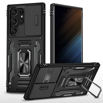 สำหรับ Samsung กาแล็กซี่ S23 Ultra S23+คดีกับแม่เหล็กแหวน Kickstand และกล้องปกปิดกองทัพเกรด Shockproof ปกป้องคดี