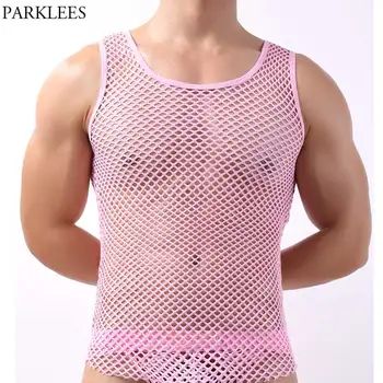 สีชมพูนโครงร่างมองผ่า Fishnet เสื้อผู้ชาย 2021 เซ็กซี่ใหม่มุมมอง Sleeveless ฟิสร่างกายของกล้ามเนื้อด้านบนชาย Bodybuilding บ Tees XL
