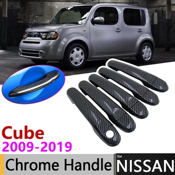 สีดำคาร์บอนไฟเบอจับประตูปิดสำหรับ Nissan ทรงลูกบาศก์ z122009~20192015201620172018 รถเครื่องประดับ Stickers Trim ตั้ง Chrome