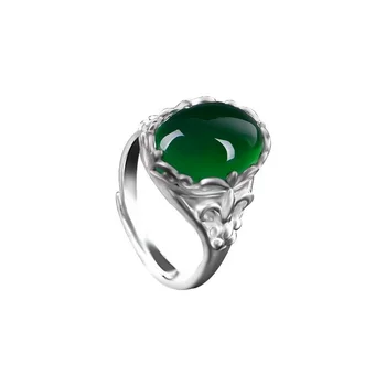 สีเขียวเป็นธรรมชาติแหวน Jade 925 เงิน Jadeite Chalcedony เครื่องรางแฟชั่นเสน่ห์เครื่องประดับของขวัญสำหรับผู้หญิงของเธอ