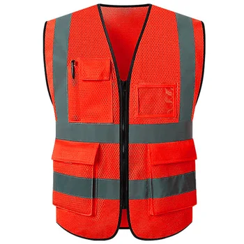 สีแดง Reflective เสื้อเกราะความปลอดภัยสำหรับเสื้อกั๊กผู้ชายทำงานเสื้อกั๊ก Workwear กับกระเป๋าใครหลายคล้องวงสำหรับเสื้อกั๊กคนสวัสดีถูก Breathable นโครงร่าง