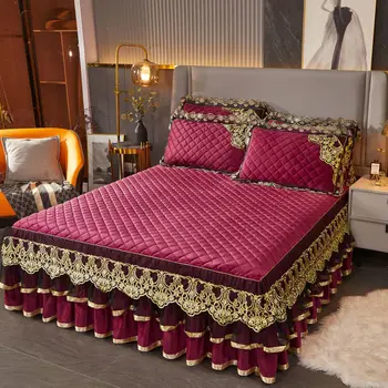 หรูหราอบอุ่นผ้าปูที่นอนบนเตียง Thickened คริสตัลลูกไม้ผ้ากำมะหยี่หรือเปล่าน่ะอือแน่นบนเตียงกระโปรง Bedspreads ขึ้นเตียงกับพระราชาราชินีขนาด Embroidery บนเตียงหน้าปก