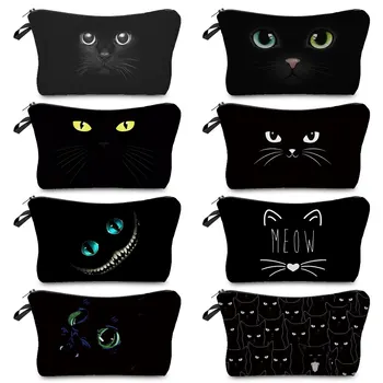 อันสีดำแมวตัวพิมพ์แต่งหน้าจัดการถุง Toiletry คิท Customizable เดินทาโก้ Reusable ดินสถุงน่ารักหญิง Cosmetic กระเป๋า