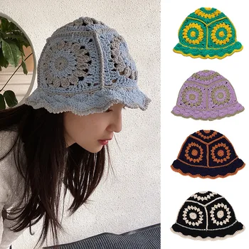 เกาหลีนเอื้อม Knitted หมวกผู้หญิง Handmade ถักโครเช Basin หมวกฤดูใบไม้ผลิฤดูร้อนครีมกันแดดซักหมวกผู้หญิง
