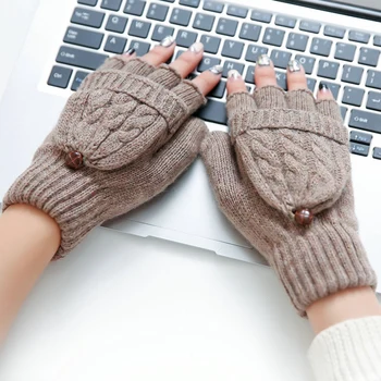 เป็นขน Knitted Fingerless พลิกกลับถุงมือฤดูหนาวอบอุ่นนิ้วนอิสระ Touchscreen ถุงมือสำหรับผู้ชายผู้หญิง Unisex เปิดเผยนิ้วมือมิทเท็นถุงมือ