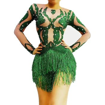 เป็นประกายแสงเวาวับจริแฟรคทัลสีเขียว Tassel Bodysuit เต้นชุดขั้นสวมการแสดงแสดงไนท์คลับชุดเซ็กซี่คริสตัล Fringes Leatard