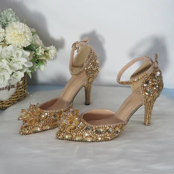 แชมเปญทองคริสตัลองผู้หญิงแต่งงานรองเท้า Rhinestone ส้นสูงยากมัดรองเท้าผู้หญิงปาร์ตี้ชุดรองเท้า