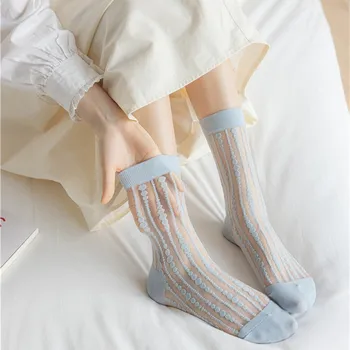 แฟชั่น Striped Kawaii น่ารักถุงหน้าร้อน Ultra-บางโปร่งใสคริสตัลไหมถุงเท้าผู้หญิง Harajuku วินเทจ Streetwear พวกถุงเท้า