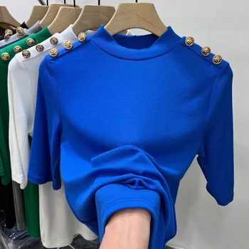 แฟชั่นของผู้หญิงเสื้อสีน้ำเงินเขียวหน้าร้อนปุ่มโอ-คอเสื้อยืดเกาหลีเป็นรูปแบบ Temperament เพียงน้อยพอดีกับผู้หญิงเตี้ยที่แขนเสื้อ