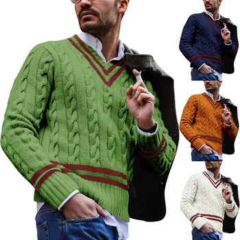 แฟชั่นวีคอ Knit เสื้อผู้ชาย Striped นาน Sleeved Pullover 2022 ฤดูใบไม้ร่วงฤดูหนาวจากยุโรปคนอเมริกันผู้ชายปกติเลย Knit ด้านบน