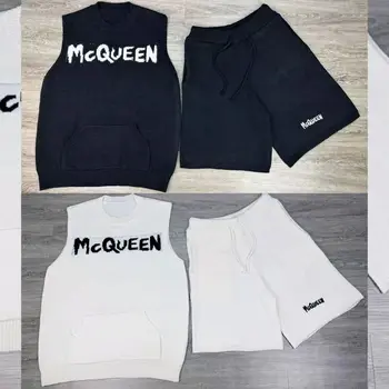 ใหม่ McQueen เสื้อสูทตัวอักษรพิมพ์ Knit เสื้อเกราะด้านบนปกติเลยปล่อยกางเกงขาสั้นฉั Sleeveless ตั้งค่าสำหรับผู้ชายผู้หญิง