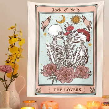 ไซคีเดลิกระโหลก Tapestry Tarot คนคู่รักกันกำแพงอยู่ระโหลกดอกไม้ Esotericism องมนุษย์โครงกระดูกลับบ้านแต่การตกแต่งเครื่องประดับ