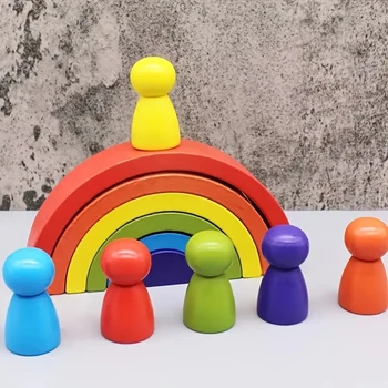 ไม้สายรุ้งเรียงเป็นตั้งๆตึกบล็อกของเล่น Montessori เรียนรู้การศึกษาของเล่นสำหรับ Toddlers,สีรูปร่างตรงกับเกมส์